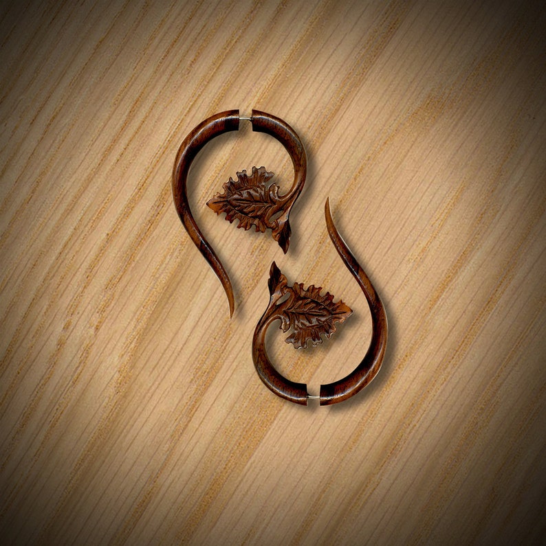 Fake Gauge Earrings Grape Leaf Drop Tropical Wood, Tribal Earrings, Handmade, Split, Cheaters, Organic, Plugs, Eco Friendly W13 image 1