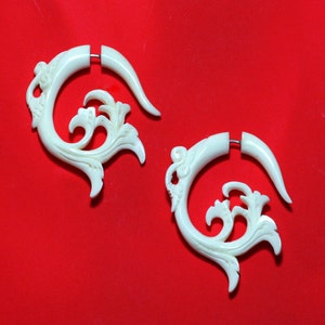 Fake Gauges White Elvira Curls Tribal Earrings, Split, Expanders, Organic, Eco Friendly, Plugs, White Bone Earrings B17 image 1