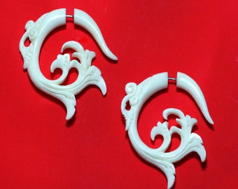 Fake Gauges White Elvira Curls - Tribal Earrings, Split, Expanders, Organic, Eco Friendly, Plugs, White Bone Earrings B17