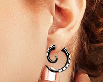 Fake Gauge Earrings, Fake Gauges, Small Horn Spirals, Bone Inlay, Tribal Earrings, Gauges, Black Horn Tribal Jewelry, Earrings H05