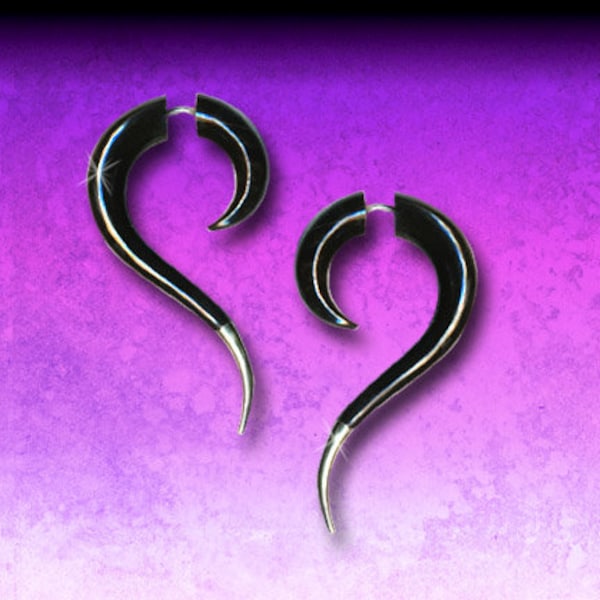 Silver Tail Dragon Spirals, Fake Gauges, Tribal Earrings, Black Horn Earrings, H27