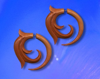 Fake Gauge Gia Spirals, Tribal Earrings, Tropical Wood, Cheaters, Split Expanders, Tribal Jewelry - W14