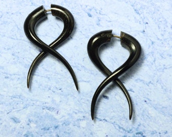 Black Horn Fake Gauges, Simple Twists Earrings, Handmade, BOHO, Organic, Split, Cheaters, Eco Friendly, Plugs - H19