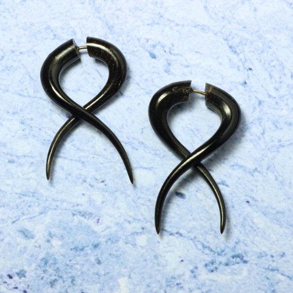 Black Horn Fake Gauges, Simple Twists Earrings, Handmade, BOHO, Organic, Split, Cheaters, Eco Friendly, Plugs - H19