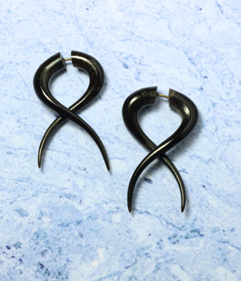 Black Horn Fake Gauges Simple Twists Earrings Handmade Etsy