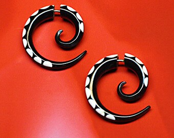 Fake Gauge, Small Horn Spirals, Bone Inlaid Earrings, Handmade, Organic, Fake Plugs, Tribal, Cheaters, Split Expanders, Organic - H05