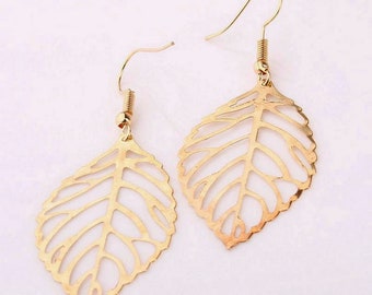 Gold Leaf Earrings, Drop Earrings, Gold Leaves, Nature Inspired, Gift for Women, Garden Wedding, Spring Fashion, 016