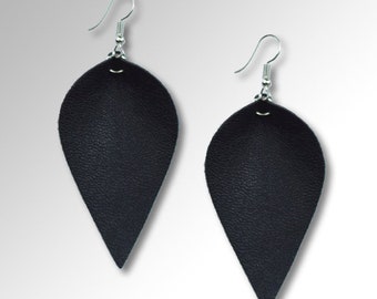 Black Leaf Earrings, Vegan Leather Leaf Earrings, Pinched Petal Western Earrings, Christmas Gift, 032