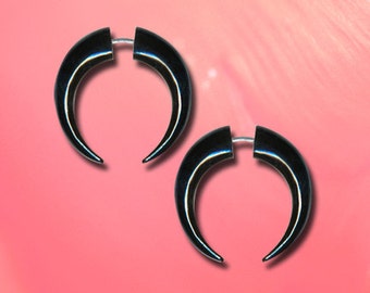 Fake Gauge, Double Horn,  Handmade, Organic, Tribal Earrings, Black Horn Earrings, Cheaters, Split Expanders, Plugs, Tribal Jewelry - H-31