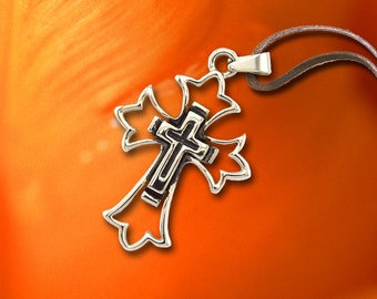 Stainless Steel jewelry, Cross Pendant, Cross Within a Cross Pendent, Leather Adjustable Neckless, Cross Necklace, Decorative, 028