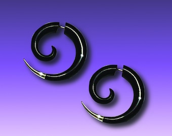 Spiral Silver Tip Fake Gauge Earrings Carved Black Horn Split Plug Gift