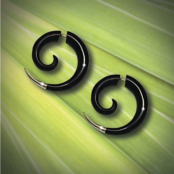 Fake Gauge Earrings, Small Silver Tipped Spiral, Sarahs Curls, Tribal Jewelry, BOHO, Eco Friendly, Organic Earrings, Black Horn Carving, H17