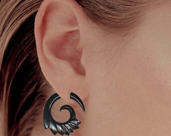 Fake Gauge Spiral Horn Earrings, Black Horn Earrings , Horn Wing Spirals, Tribal Earrings, H34