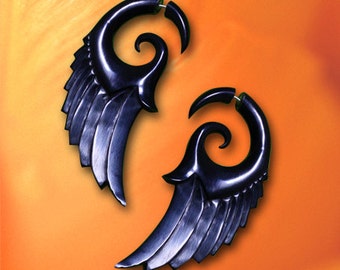 Angel Wing Fake Gauges, Dark Angel Wings, Tribal Earrings, Horn Earrings, Split Gauge, Tribal Jewelry, Expanders - H20