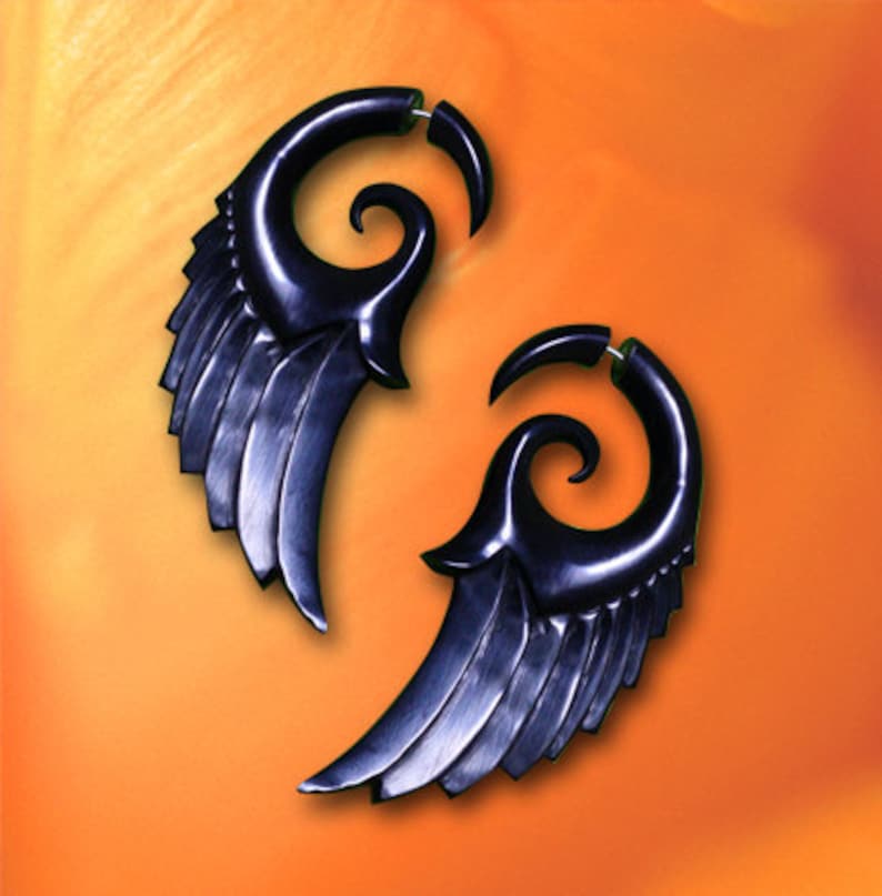 Angel Wing Fake Gauges, Dark Angel Wings, Tribal Earrings, Horn Earrings, Split Gauge, Tribal Jewelry, Expanders H20 image 1