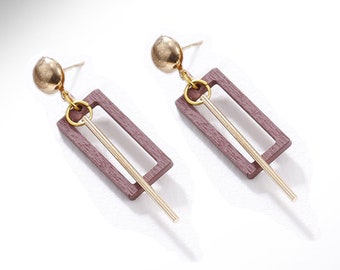 Fashion Drop Earring, Modern Wood Dangle Earrings, Laser Cut Elongated Rectangle w/ Gold Accent Bar,  Gifts for Her, Gold Stud, 021