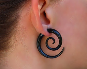 Double Spirals Large - Black Horn Fake Gauges, Fake Plugs, Handmade Horn Earrings  - H14