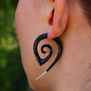 Girl With The Dragon Tattoo, Fake Gauge Earrings, Silver Tipped Tribal Curls, Black Horn, H07 image 2