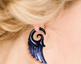 Fake Gauge - Dark Angel Wings - Tribal Earrings, Cheaters, Split, Expanders, Fake Plugs, Organic, Eco Friendly, Handmade, Black Horn - H20