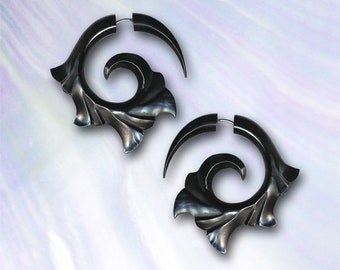 Fake Gauge Spiral Earrings, Black Horn Spiral Earrings, Tribal Earrings, H35