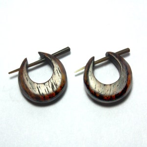 Wooden Mini Hoops Post Earrings Dark Tropical Wood, Tribal Earrings, WP10 image 1