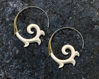 Brass, Silver and Bone Lisbeth Spirals, Fake Gauge, Organic White Bone, Cheaters, Post Earrings, Tribal, Handmade, SB3