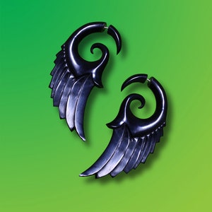 Fake Gauge Dark Angel Wings Tribal Earrings, Cheaters, Split, Expanders, Fake Plugs, Organic, Eco Friendly, Handmade, Black Horn H20 image 2