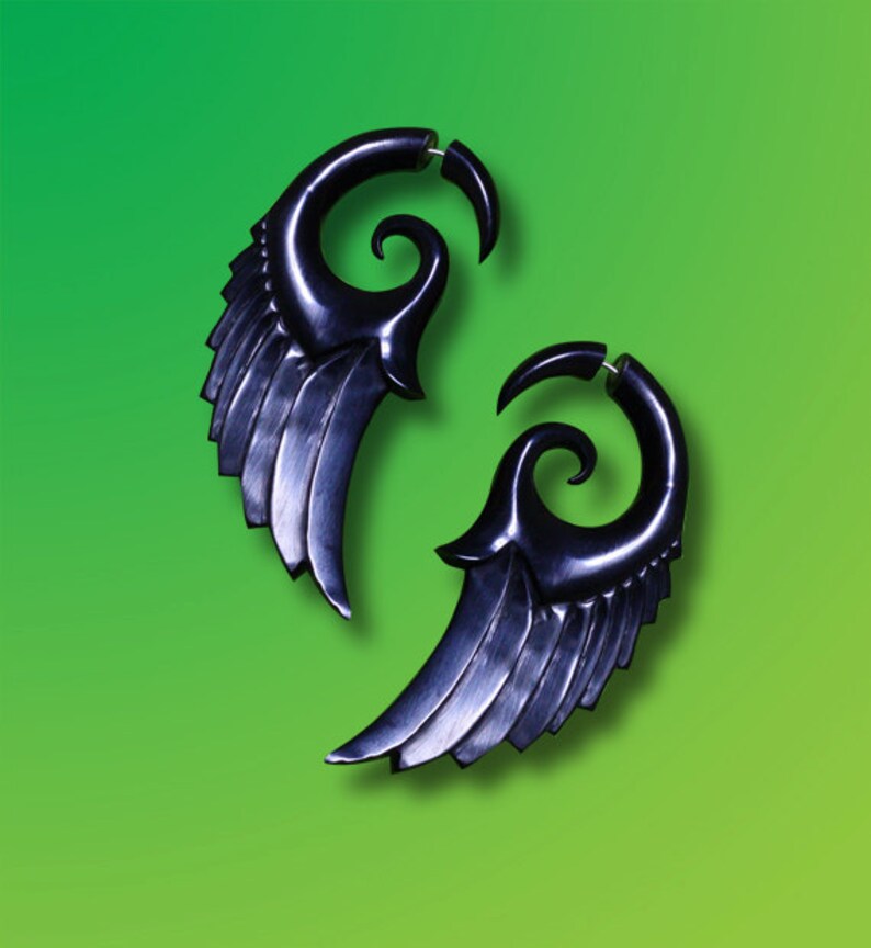 Fake Gauge Dark Angel Wings Tribal Earrings, Cheaters, Split, Expanders, Fake Plugs, Organic, Eco Friendly, Handmade, Black Horn H20 image 2