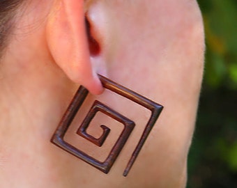 Large Square Spirals, Fake Gauge Earrings, Handmade, Cheaters, Organic, Plugs, Split, Tribal Jewelry, Tropical Wood Carving - W8