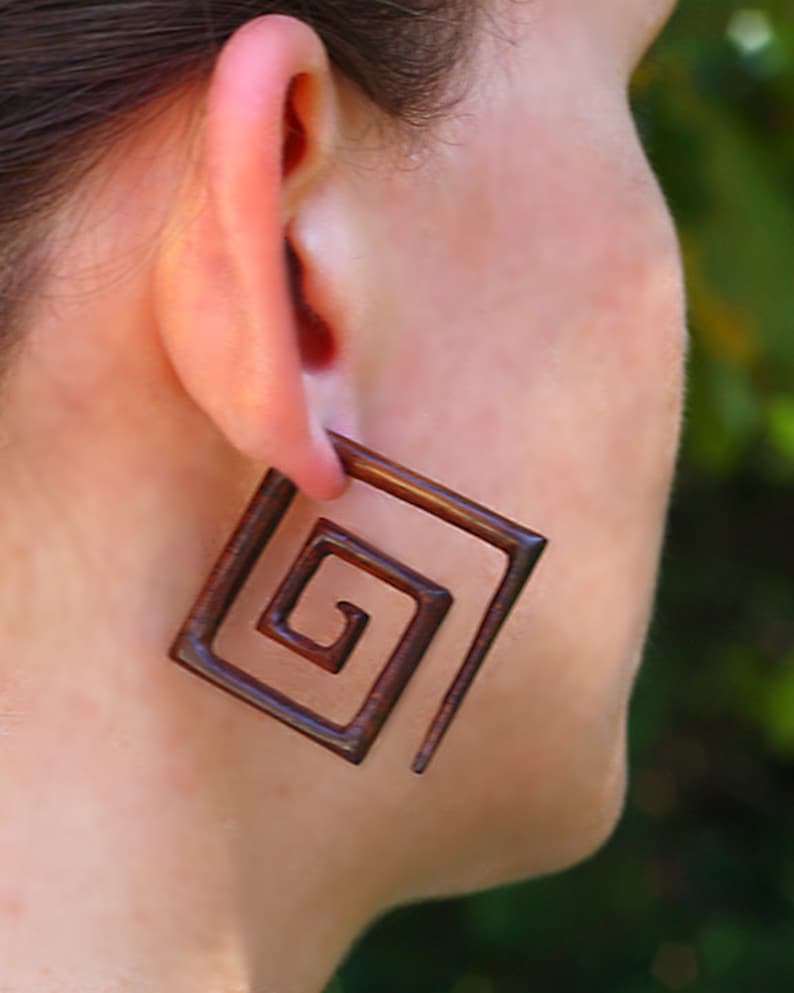 Large Square Spirals, Fake Gauge Earrings, Handmade, Cheaters, Organic, Plugs, Split, Tribal Jewelry, Tropical Wood Carving W8 image 1