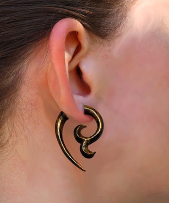 Fake Gauge Wooden Earrings Charming Curls Tropical Wood Etsy