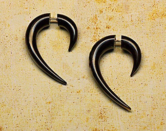 Fake Gauge Hooks, Black Horn Earrings, Handmade, Cheaters, Organic, Plugs, Split, Tribal Jewelry, Medium Hooks, H12