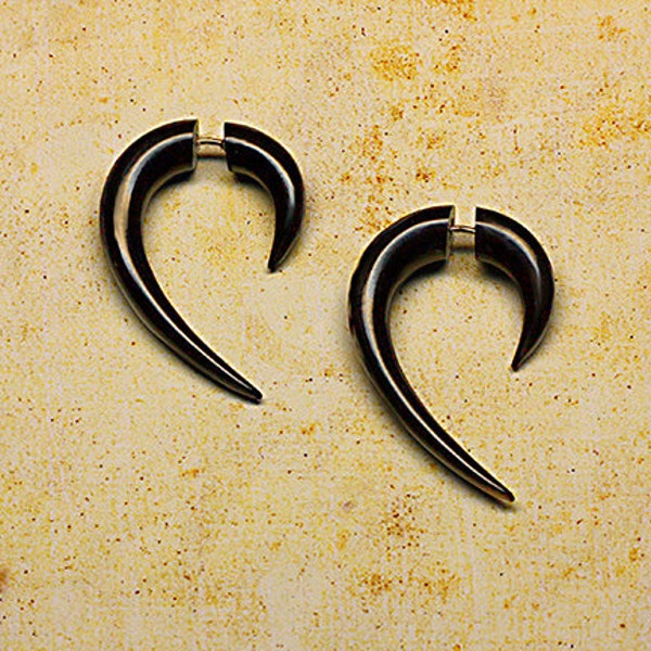 Fake Gauge Hooks, Black Horn Earrings, Handmade, Cheaters, Organic, Plugs, Split, Tribal Jewelry, Medium Hooks, H12