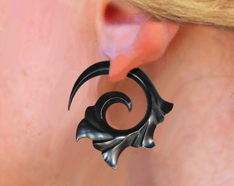 Fake Gauge Spiral Horn Earrings, Black Spiral Earrings, Tribal Earrings, H35