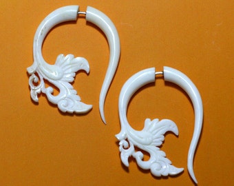 Garden Curls, Fake Gauges, Tribal Jewelry, Handmade, Split, Cheaters, Plug, Organic, Eco-Frendly, White Bone Earrings, B13