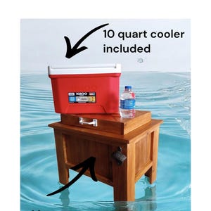 May include: A red 10-quart cooler with a white lid sits atop a wooden cooler stand. A bottle of water is next to the cooler. The text "Your custom personalization" is at the bottom.