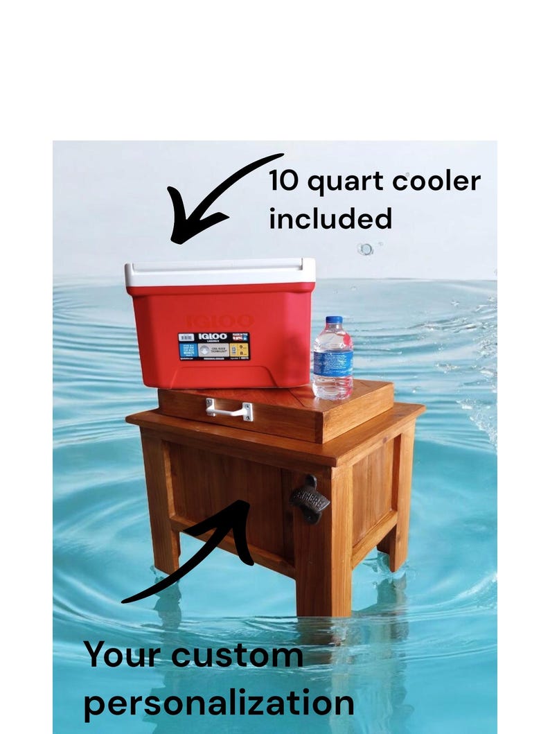 May include: A red 10-quart cooler with a white lid sits atop a wooden cooler stand. A bottle of water is next to the cooler. The text "Your custom personalization" is at the bottom.