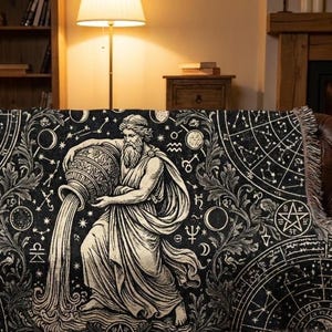 Aquarius Woven Blanket | Premium Zodiac Tapestry, Dark Academia Decor, Black and White Astrology Throw, 100% Cotton Heirloom Gift