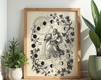 Aquarius Zodiac Poster | Dark Academia Water Bearer Wall Art, Black and White Astrology Print, Mystical Home Decor
