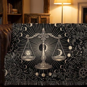 Libra Woven Blanket | Premium Zodiac Tapestry, Dark Academia Decor, Black and White Astrology Throw, 100% Cotton Heirloom Gift