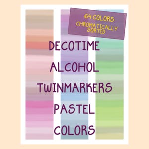 Puede incluir: Una carta de colores para rotuladores de alcohol Decotime, con 64 colores pastel ordenados cromáticamente. La carta muestra muestras de color verticales en tonos de rosa, azul, verde y beige, con el nombre y las características del producto.