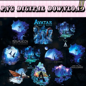 Puede incluir: Un gráfico de descarga digital con múltiples diseños de Avatar: The Way of Water. Las imágenes incluyen personajes, paisajes y elementos de texto como "Sivako! Rise to the Challenge" y "A World Like No Other". La combinación de colores es azul y turquesa.