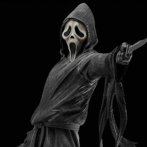 May include: A figure in a black hooded robe and a white mask with a screaming expression, holding a knife and a vintage phone. The figure is posed against a black background, creating a dramatic and eerie effect. The overall theme is horror.