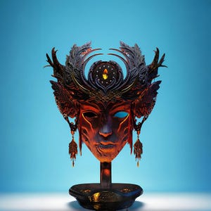 May include: Ornate, dark brown mask with intricate details, including feather-like accents and dangling ornaments. The mask has a face-like design with a blue eye and is mounted on a black stand against a blue background.