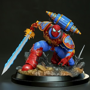 May include: A detailed figurine of Spider-Man in a dynamic pose, clad in red, blue, and gold armour. He kneels, holding a glowing blue sword. A blue and gold jetpack is attached to his back. The base is a rocky terrain.