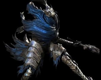 May include: A detailed figurine of a knight in silver armor with blue accents. The knight is in a dynamic pose, holding a weapon, with flowing blue fabric. The background is black, highlighting the figure's intricate design and metallic textures.