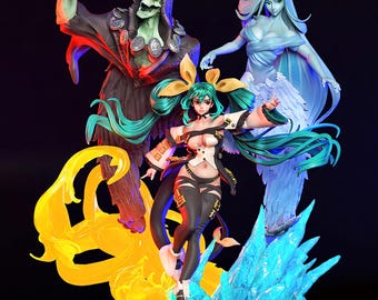 May include: A detailed figurine featuring three fantasy characters. The central figure has green hair and is dressed in a black and white outfit. A skeletal figure in a dark robe and a blue-skinned woman with flowing hair flank the central figure.