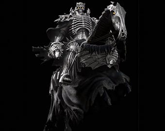 May include: A detailed, grayscale figurine of a skeletal knight riding a skeletal horse. The knight is clad in ornate armor, holding a skull-shaped object. The horse has detailed armor and glowing yellow eyes, set against a black background.