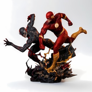 May include: A dynamic statue featuring The Flash in a red and gold suit, battling a black and red figure. The base includes a Central City sign and lightning bolt accents, set against a white background.