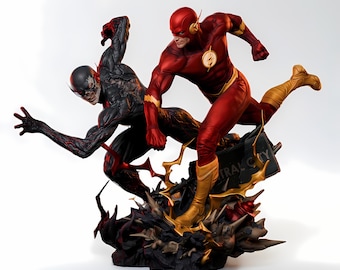May include: A dynamic statue featuring The Flash in a red and gold suit, battling a black and red figure. The base includes a Central City sign and lightning bolt accents, set against a white background.